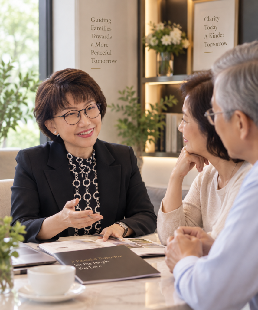Adeline Cheah discussing legacy and final arrangement planning with a couple