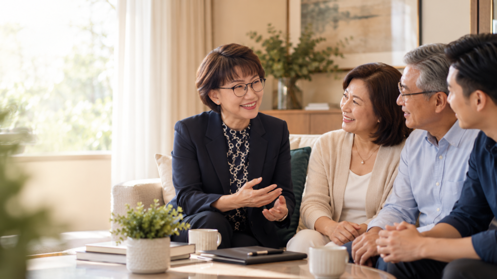 Adeline Cheah having a warm legacy planning conversation with a Malaysian family