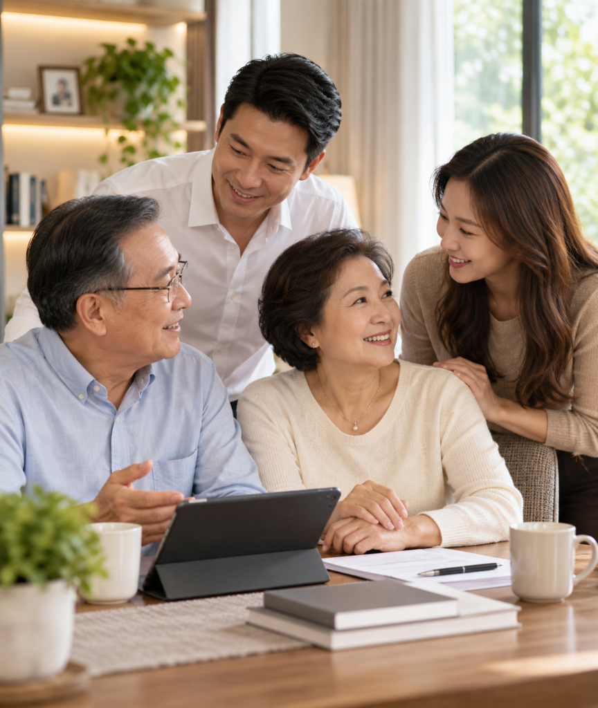 Multigenerational Asian family discussing family preparedness at home